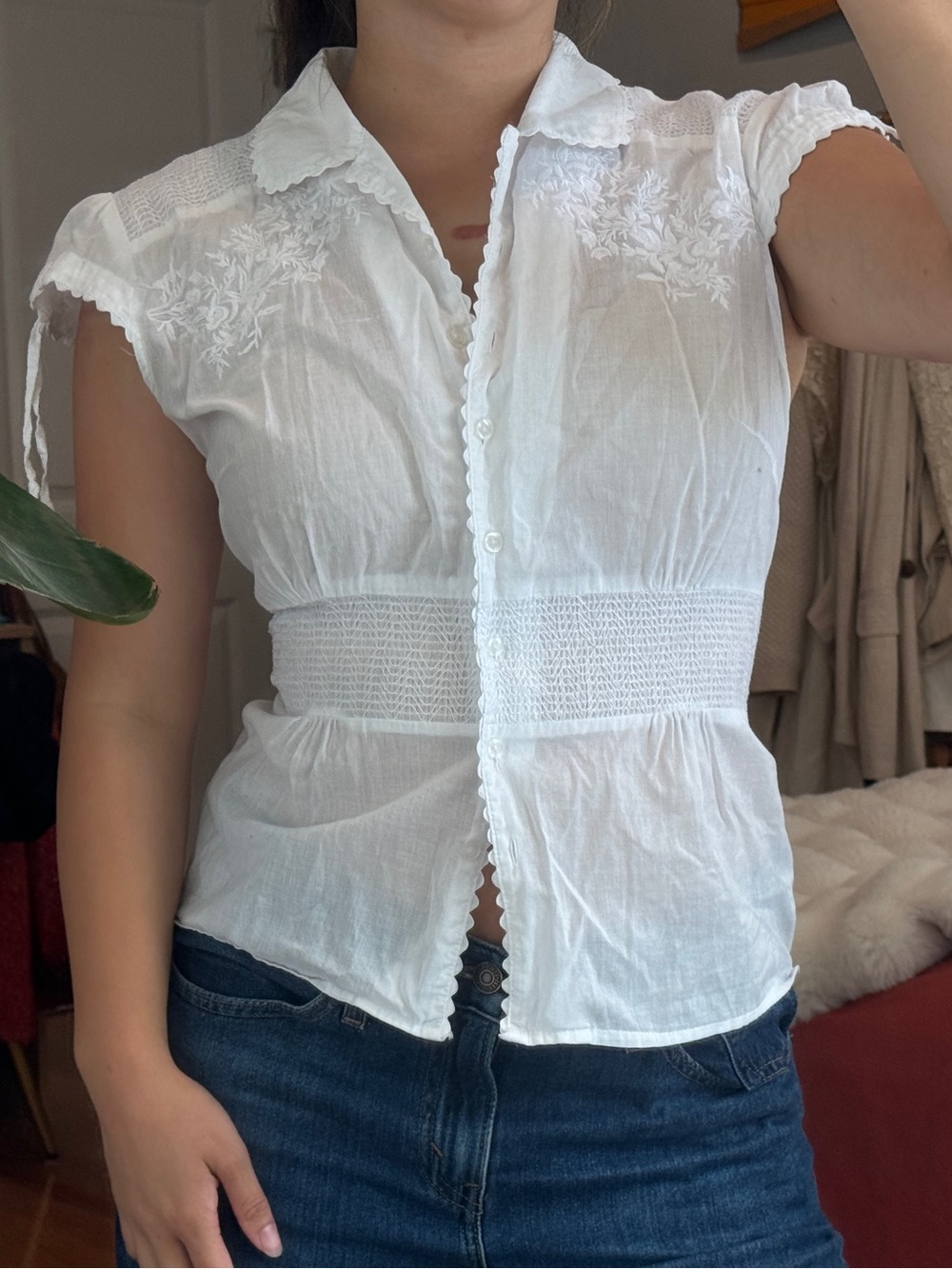 Tweeds White 100% Cotton Button-Front Summer Preppy Beachy Blouse Size L